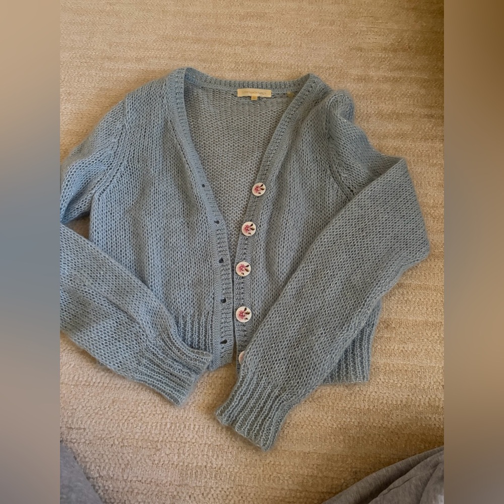 Light Blue Women's V-Neck Button Cardigan Sweater